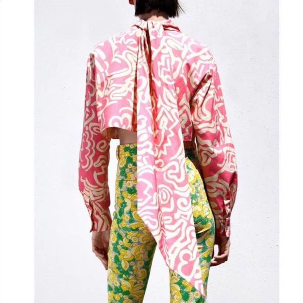 NWT Zara Pink Patterned Line Shirt with Bow